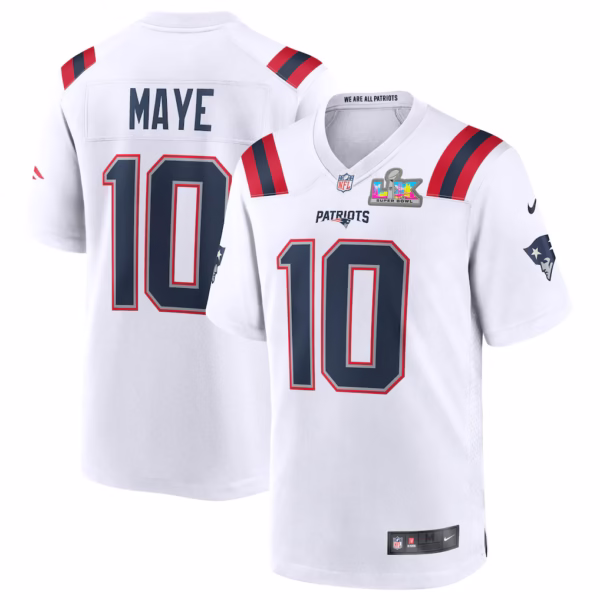 Men's New England Patriots Drake Maye Nike White Super Bowl LX Patch Game Jersey