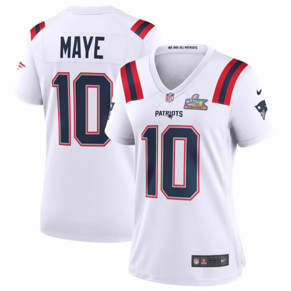 Women's New England Patriots Drake Maye Nike White Super Bowl LX Patch Game Jersey