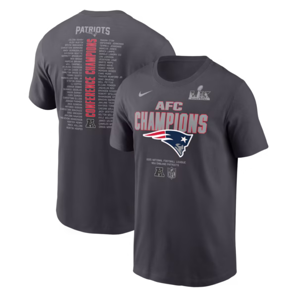 Men's New England Patriots Nike Anthracite 2025 AFC Champions Roster T-Shirt
