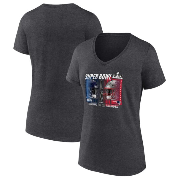 Women's New England Patriots vs. Seattle Seahawks Fanatics Heather Charcoal Super Bowl LX Matchup Plus Size Final Battle V-Neck T-Shirt