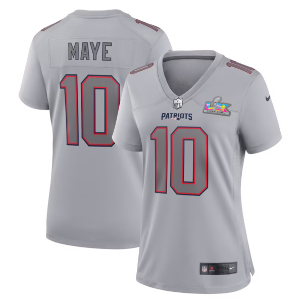 Women's New England Patriots Drake Maye Nike Silver Super Bowl LX Patch Atmosphere Fashion Game Jersey