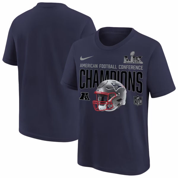 Youth New England Patriots Nike Navy 2025 AFC Champions Glory Shield Helmet T-Shirt